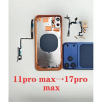 Modifikuotas galinis stiklas, vidinis rėmas, korpusas iPhone 11 Pro Max konvertavimui į 17 Pro Max, „pasidaryk pats“ mechaninis garsumo mygtukas, baterijos dangtelis 11PM to 17PM Blue gray