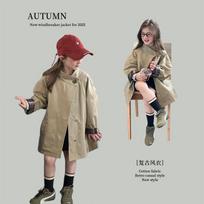 Korean Style Mid Length Kids Girls Cotton Windbreaker Coat Outerwear 170cm chaki