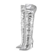 Fashion Sexy Solid Color Pleated Lazy Style Over The Knee Boots Autumn Winter Fashion Black Silver High-heel Women Long Boots Size 34-45 42 white