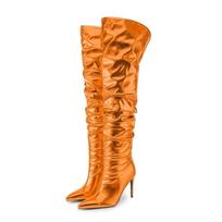 Fashion Sexy Solid Color Pleated Lazy Style Over The Knee Boots Autumn Winter Fashion Black Silver High-heel Women Long Boots Size 34-45 45 orange