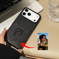 Custom Photo Sketch Lines Insertable Card Faux Leather Case for iPhone 17 16 15 14 13 12 Pro Max Plus Air Laser Engraving Cover For iPhone 12 white