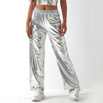 Blizgios metalinės moteriškos kelnės Hip Hop Dance Baggy kelnės ilgos laisvos kelnės bėgiojančios kelnės 2XL sidabras
