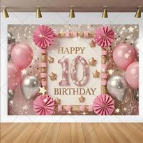 Black Pink Gold Sparkling Balloon Theme 10th Birthday Background Boy and Girl 10th Birthday Party Banner Photography Background Vinyl 100X75cm gray