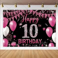 Black Pink Gold Sparkling Balloon Theme 10th Birthday Background Boy and Girl 10th Birthday Party Banner Photography Background Vinyl 100X75cm