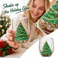 Christmas Tree Double Wall Glass Cup with Flowing Glitter for Hot and Cold Drinks One Size beige