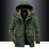 Žieminis vyriškas parkas su gobtuvu Laisvalaikio ilgos pūkinės striukės Šiltos vilnos techninio stiliaus striukės Geros kokybės vyriški žiemos lauko paltai Dydis 5XL žalia