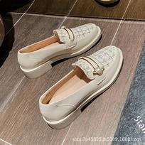 Leather Loafers Women'S Shoes Versatile Mary Jane Small Leather Shoes British Flat Beanie Single Shoes 34 beige