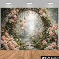 2D Dreamy Floral Arch Backdrop Pink Rose & Hanging Lantern Enchanted Garden Photo Background 47.2x31.5inch/120*80cm gray