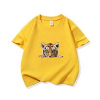 Kids Cotton T Shirt Cute Peeking Tiger Cub Print Crew Neck Short Sleeve Tee Casual Breathable Boys Girls Summer Tops 120 yellow