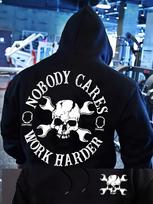 Men's gym hoodie,  Nobody cares, just keep working hard,  skull wrench print, loose-fitting streetwear style sweatshirt, casual gym pullover. S white