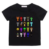 New Sprunki Kids T-shirt Cartoon Game Figure Printed Tops Tees Boys Girls Casual Short Sleeve Tshirt Summer Children's Clothing 130 juoda