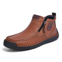 Men's Side-Zip Hand-Stitched Leather Casual Shoes, Winter Warm Mid-Top Boots, Non-Slip Soft Sole Comfort Slip-On Business Casual Footwear 48 brown