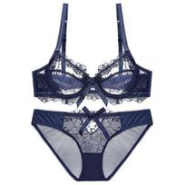 Sexy Plus Size Lingerie Set: Sheer, Anti-Sag, Lace Bra for Smaller Bust Look 75A karališkos mėlynos spalvos