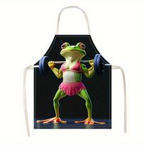 1pc/Funny Bodybuilding Frog Apron with Barbell Print 3D Cartoon Design Kitchen Cooking Baking BBQ Work Wear Novelty Gift for Men 38X47cm(15X19in) black