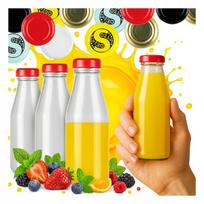 50x Stiklinės sulčių buteliukai Juice 200 ml su dangteliais