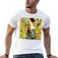 LADY WITH A FAN : Gustav Klimt 1918 Painting Print T-Shirt Basic Daily Outfit Short Sleeve Tee XXXXL yellow