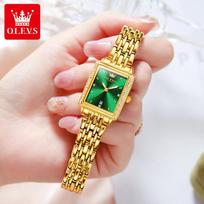 OLEVS Ladies Retro Square Wrist Watch Elegant Green Sunburst Dial Rhinestone Calendar Waterproof Quartz Watch žalia