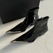 Women's Pointed Toe Ankle Boots With Side Zipper Chunky Heel Western Cowboy Metal Accent Fashion Shoes 36 black