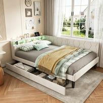 Lova 140 × 200 cm, sofa-lova, su LED apšvietimu, USB-C jungtimi ir 2 stalčiais, aksominė, Smėlio spalvos.