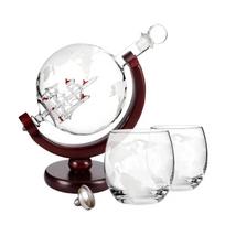 900ML Creative Globe Decanter Set with Lead-free Carafe Exquisite Wood-stand and 2 Glasses Whiskey Decanter Globe Grade Gift white