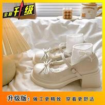 Versatile thick heel Mary Jane shoes women's summer 2025 new French round head bow British style small leather shoes women 40 white
