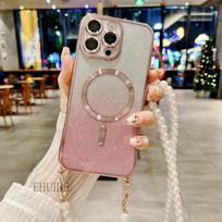 Magnetic Case For iPhone 17 16 Pro Max 15 14 11 12 13 Plus X Wireless Charging Pearl Lanyard Strap Glitter Plating Clear Cover For iPhone 15 Pro Max&Case & Strap brown
