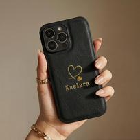 Custom Name Faux Leather Case for iPhone 17 16 15 14 13 Pro Max Plus Air Personalized Hot Gold Foil Engraved Heart Letter For iPhone 13 Pro black
