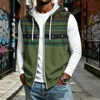 Men's Hooded Sleeveless Zip Vest with Vintage Print Casual Sportswear for Daily Wear XXXL white