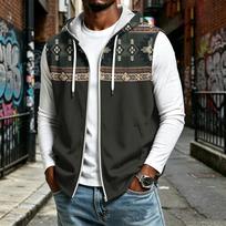 Men's Hooded Sleeveless Zip Vest with Vintage Print Casual Sportswear for Daily Wear XXXL white