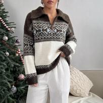 Vintage Lazy Fair Isle Jacquard Long Sleeve Collared Knit Sweater XL gray