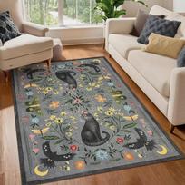 Boho Black Cat  Floral Area Rug, Non-Slip Whimsical Animal Print Floor Carpet for Living Room  Bedroom 100x150cm 40x59inch