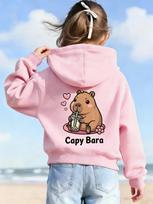 Cute Bubble Tea Capybara Kids Hoodie Sweet Animal Back Print Autumn Winter Fleece Warm Children Casual Hooded Sweatshirt 130 pink