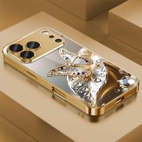 Butterfly Crystal Leaves Pattern Metallic Paint Glass Phone Case For iPhone 17 16 15 14 13 12 11 Pro Max Plus 17Air 16E Cover iPhone 12 Pro