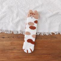 Women's Coral Velvet Cat Paw Socks, Thick Warm Winter Sleep, Cute Japanese Cartoon Embroidery, Long Tube Mid-Calf. One Size gray