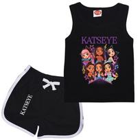 9197 Kids Girls Katseye Printed Sleeveless T-Shirt Tank Top Shorts Clothes Set 110cm juoda
