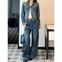 Spring 2026 Hong Kong Retro Denim Jacket & High-Waisted Distressed Pants Set Small gray
