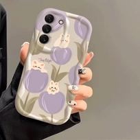 Purple Tulips Flowers Rabbits Phone Case For Samsung Galaxy S26 Ultra S24 S25 FE S22 S23 Plus A56 A55 A37 A36 A27 A26 A16 Cover Galaxy S26 Ultra beige