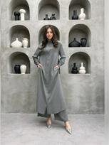 Women's Long Sleeve Side Slit Maxi Dress with Wide Leg Pants Two Piece Set XXL black