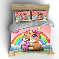 Cartoon Animal Bubble Tea Set Multiple Sizes Kid'S And Adults' Bedroom Exquisite 3Pc Bedding Set, Gift EU Twin 135X200cm&set pink