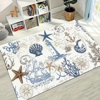Vintage Nautical Coastal Print Area Rug Soft Non-Slip Living Room Carpet Ocean Lighthouse Anchor Starfish Pattern Floor Mat 120x160cm