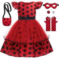 Girls Cosplay Costume Polka Dot Red Dress With Bag Gloves Mask Earrings For Kids Bug Halloween Birthday Dress Up 120 red
