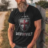 Deus Vult Kryžiuočio Skydas Marškinėliai: Templierių kryžius Krikščioniško kario marškinėliai M įvairiaspalvis