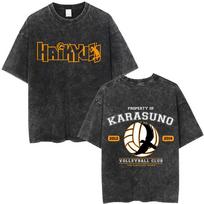 Skalbta Vintažinė Anime Haikyuu KARASUNO VOLLEYBALL CLUB Marškinėliai Vyrams Moterims Retro Manga Oversized T-shirt Vasaros Gatvės Apranga S black