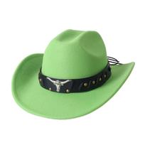 Orange Cowboy Hat Fashion Chic Unisex Solid Color Jazz Hat with Bull Shaped Decor Western Cowboy Hats 56-58cm green
