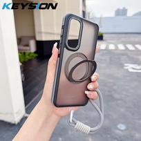 KEYSION 360°Ring Stand Magnetic Phone Case for Samsung Galaxy S23 S24 Ultra 5G S24+FE Matte Translucent Lanyard Shockproof Cover for Galaxy S23 FE