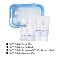 Round Lab 1025 Dokdo Travel Kit Toner + Lotion + Sunscreen + Cleanser + Pouch Set, 1 set white