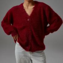Faux Mink Knit Cardigan Women Autumn Lazy Loose Long Sleeve V-Neck Sweater Coat Oversized Jumper Jacket S black