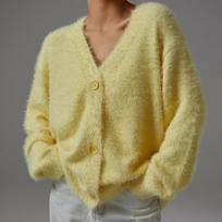Faux Mink Knit Cardigan Women Autumn Lazy Loose Long Sleeve V-Neck Sweater Coat Oversized Jumper Jacket S