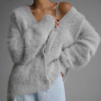Faux Mink Knit Cardigan Women Autumn Lazy Loose Long Sleeve V-Neck Sweater Coat Oversized Jumper Jacket L