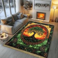 Tree of Life Rug, Emerald Green Rug, Botanical Area Carpet, Gold Detail Rug, Nature Decor Mat, Elegant Living Room Floor Mat 50x80cm